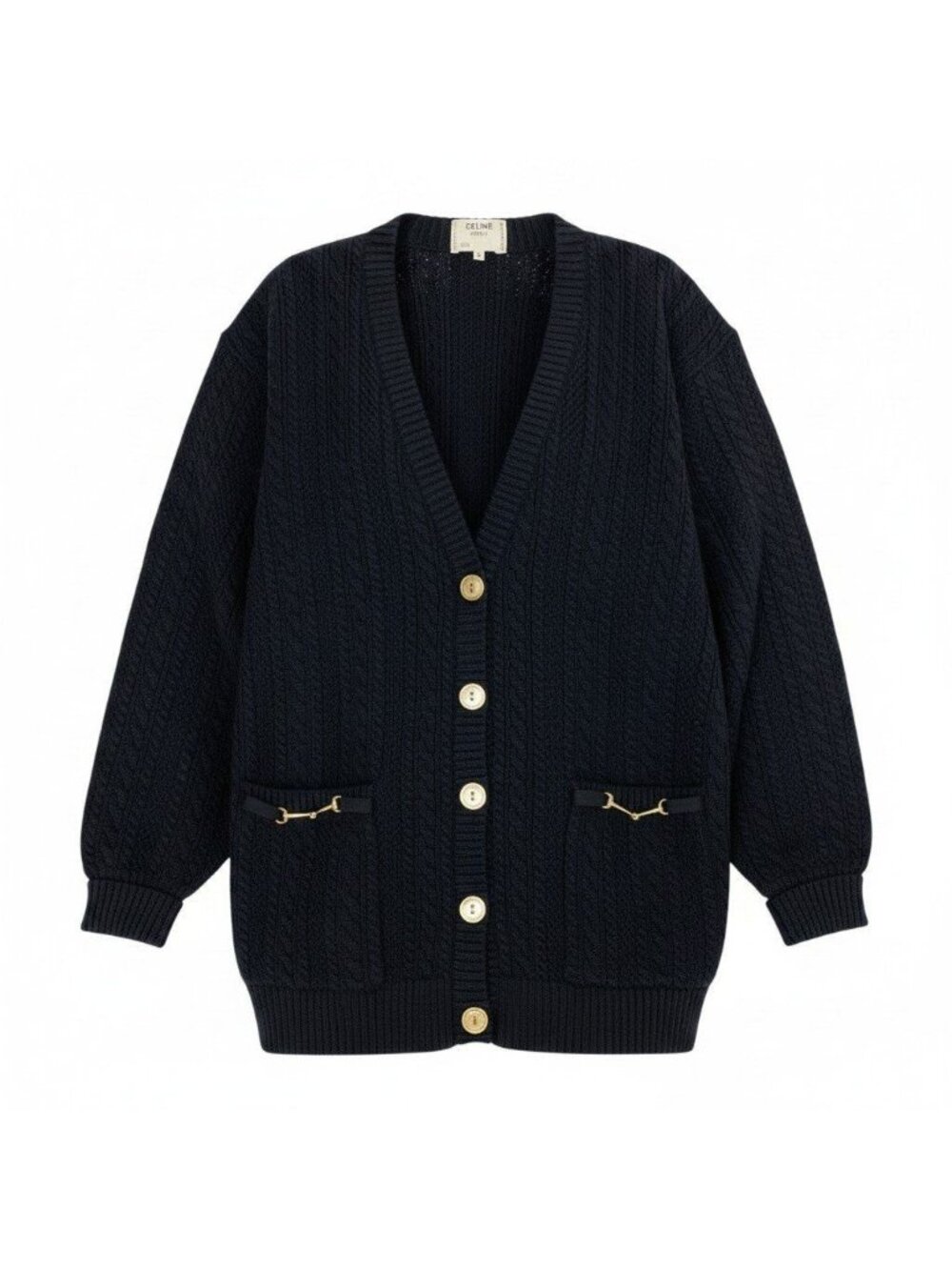 Celine Vintage Knit Cardigan Cable Gold Button 42 Black Wool
